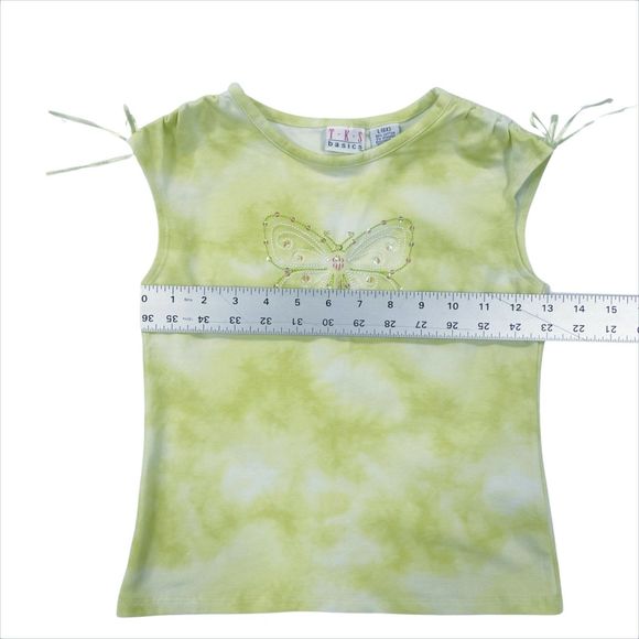Vintage TKS Basics Y2K Light Chartreuse Tie-Dye Shirt w/ Bows & Sequin Butterfly - Picture 6 of 7
